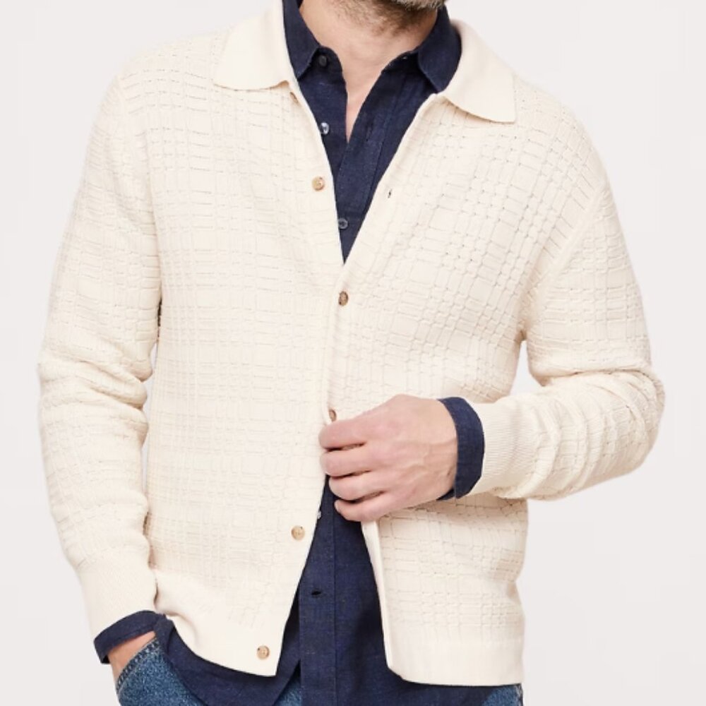 Banana Republic Plaid Texture Cotton Polo Cardigan, Cream White, Medium, EUC
